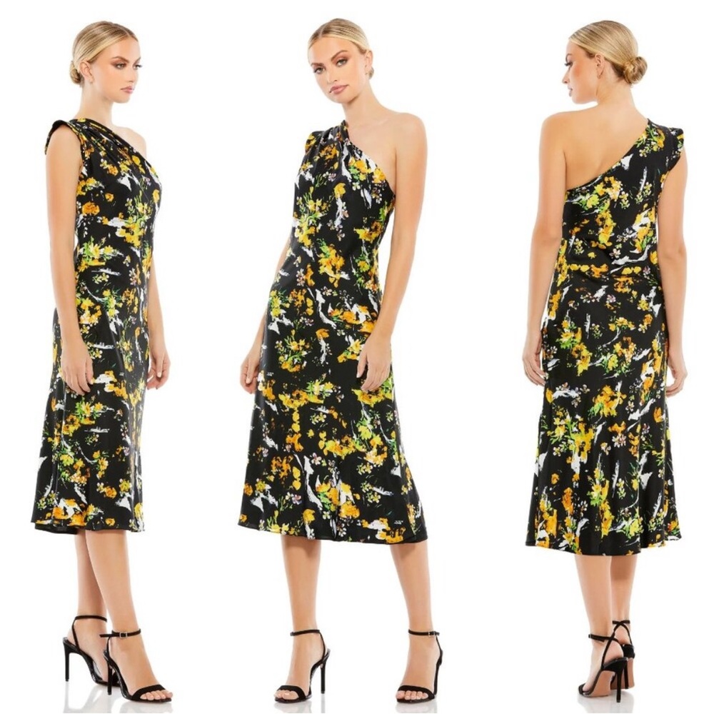 MAC DUGGAL | FLORAL PRINT DRAPED ONE SHOULDER MIDI DRESS 55630